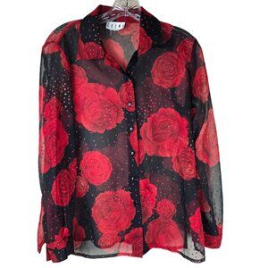 VTG‎ 90s Y2K Sheer Glittery Rose Blouses Dark Romantic Whimsigoth Small